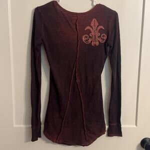 Y2K Velvet Stone Tunic T Shirt S Red Cross Embroidered Rhinestone Long Sleeve